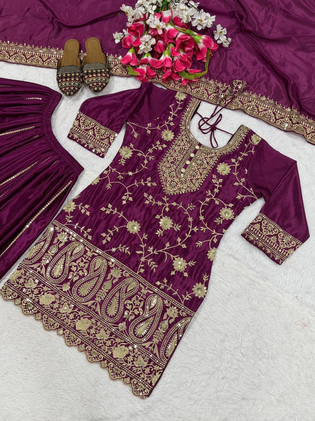 Designer Chinnon Silk Sharara Palazzo Set - Heavy Embroidery Sequence Work with Dupatta