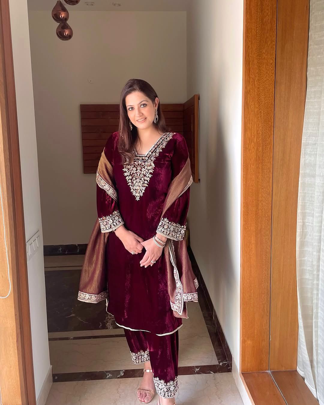 Designer Viscose Velvet Party Wear Set - Heavy Embroidery with Bell Sleeves & Dupatta