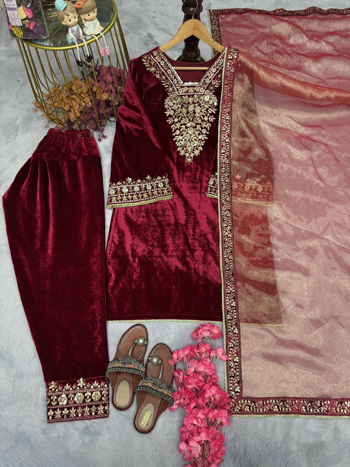 Designer Viscose Velvet Party Wear Set - Heavy Embroidery with Bell Sleeves & Dupatta