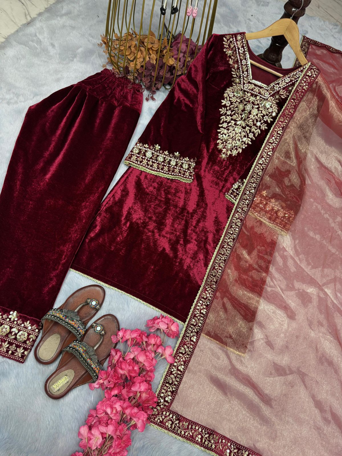 Designer Viscose Velvet Party Wear Set - Heavy Embroidery with Bell Sleeves & Dupatta