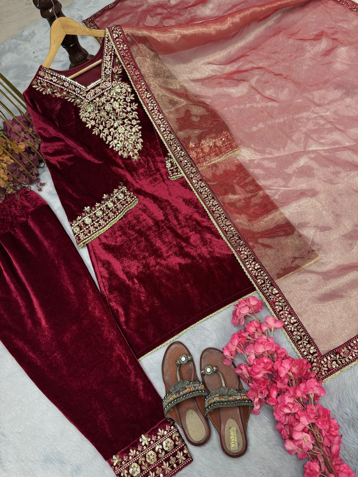 Designer Viscose Velvet Party Wear Set - Heavy Embroidery with Bell Sleeves & Dupatta