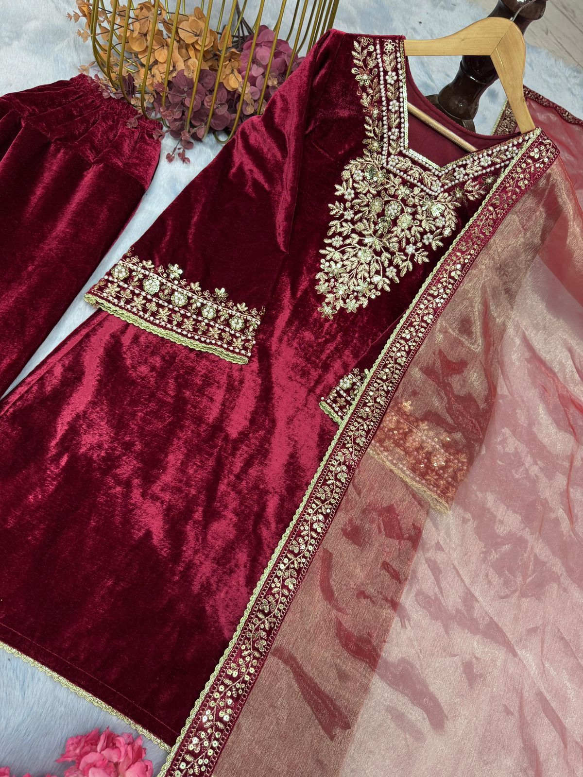 Designer Viscose Velvet Party Wear Set - Heavy Embroidery with Bell Sleeves & Dupatta