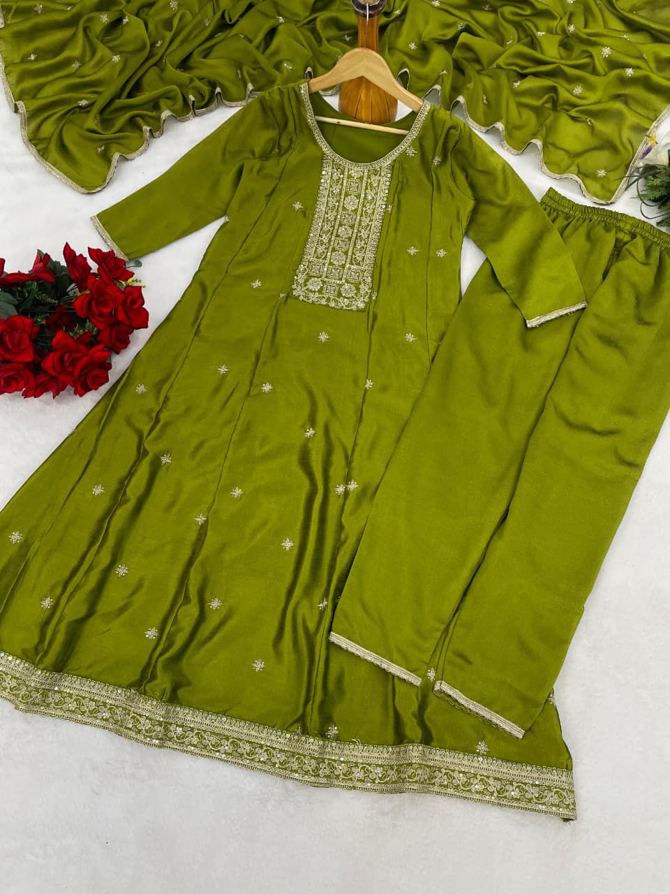 Trendy Anarkali Designer Kurti Pant Set - Vichitra Silk