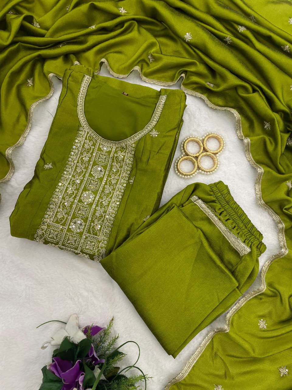 Trendy Anarkali Designer Kurti Pant Set - Vichitra Silk