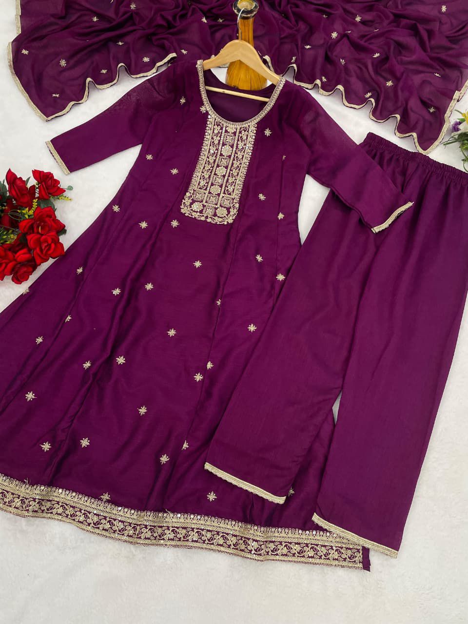 Trendy Anarkali Designer Kurti Pant Set - Vichitra Silk