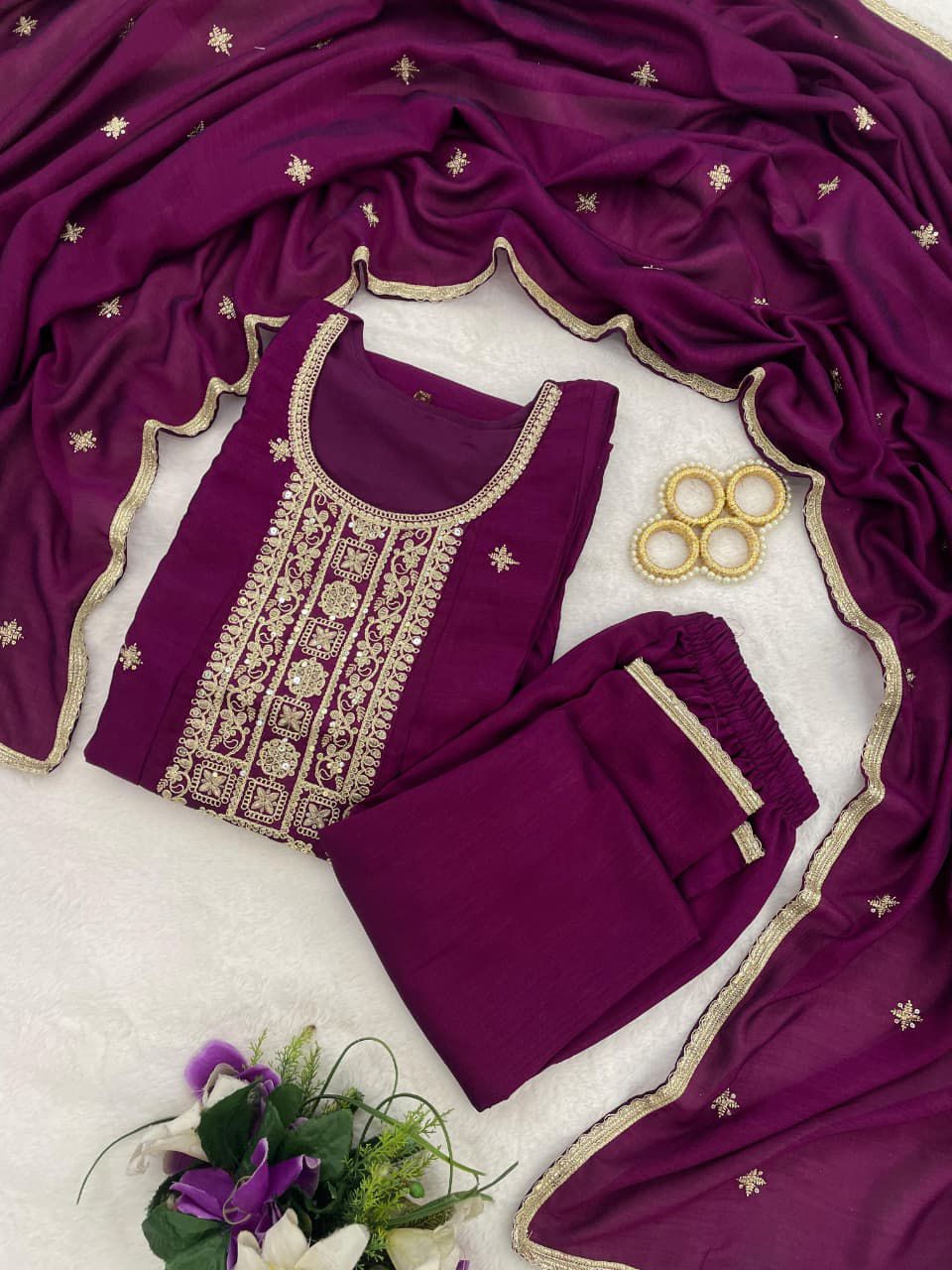 Trendy Anarkali Designer Kurti Pant Set - Vichitra Silk