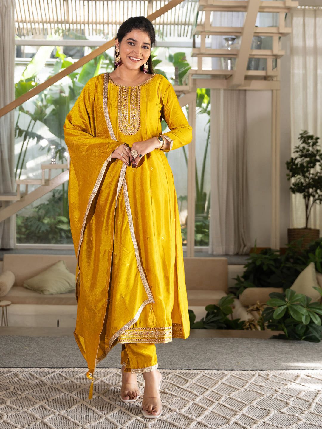 Trendy Anarkali Designer Kurti Pant Set - Vichitra Silk