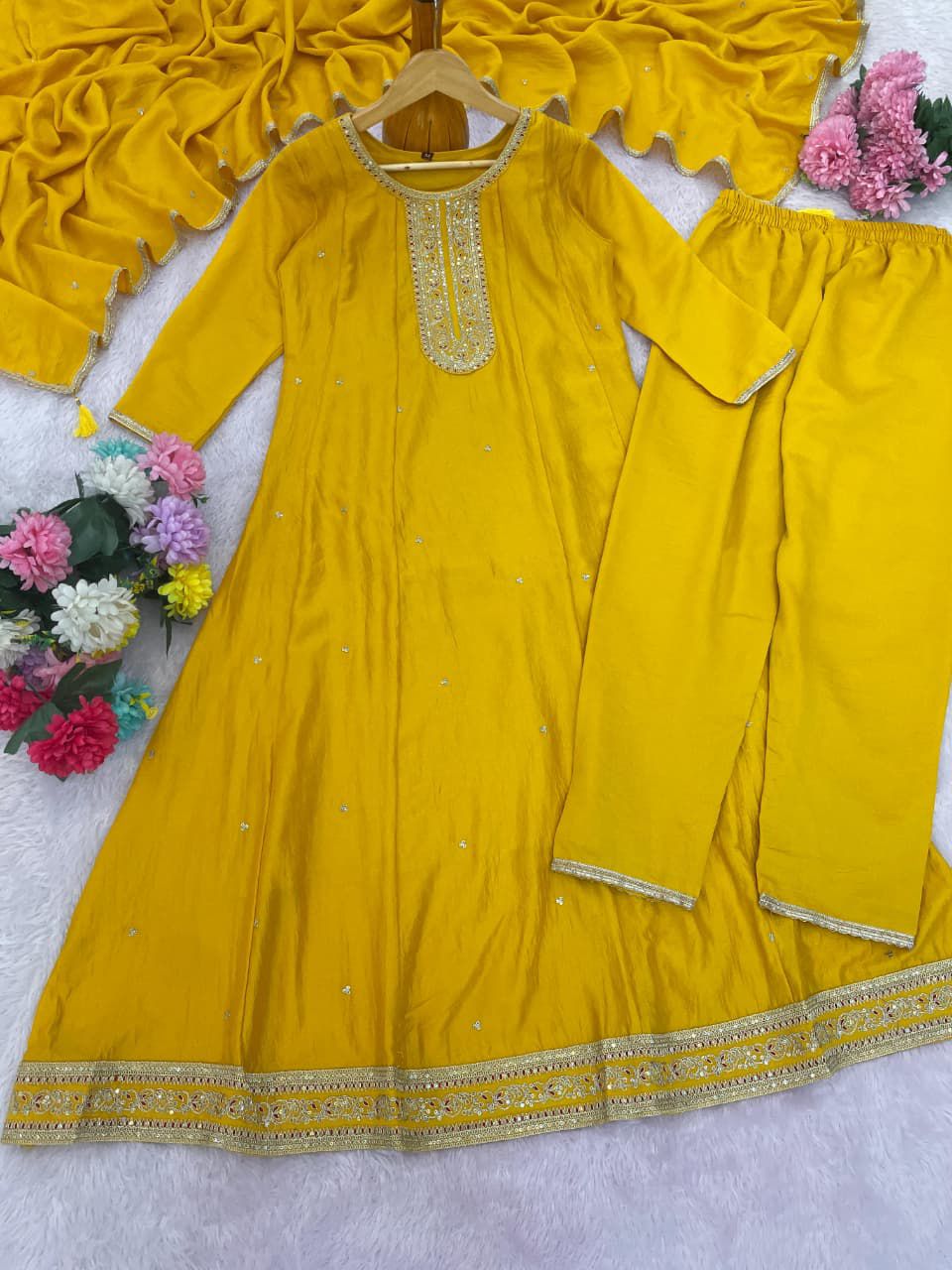 Trendy Anarkali Designer Kurti Pant Set - Vichitra Silk