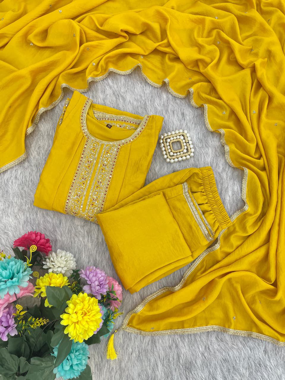 Trendy Anarkali Designer Kurti Pant Set - Vichitra Silk