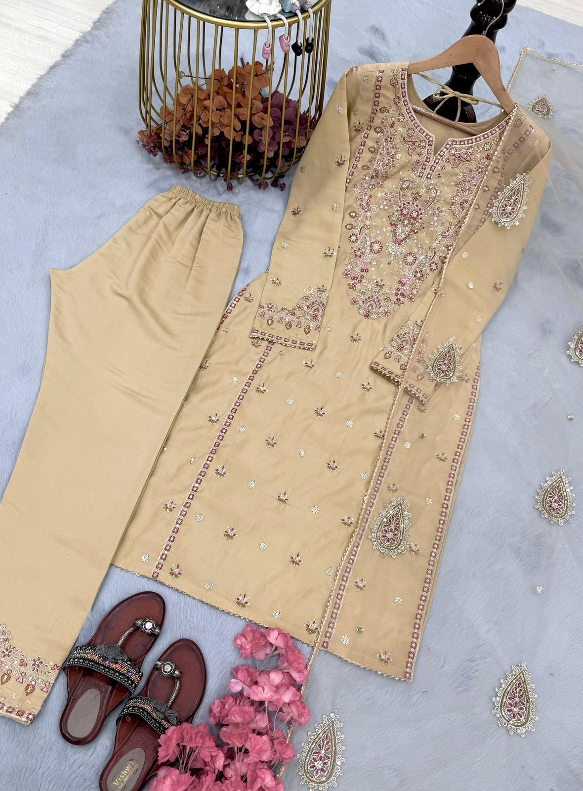 Designer Party Wear Heavy Roman Silk Embroidered Coord Set