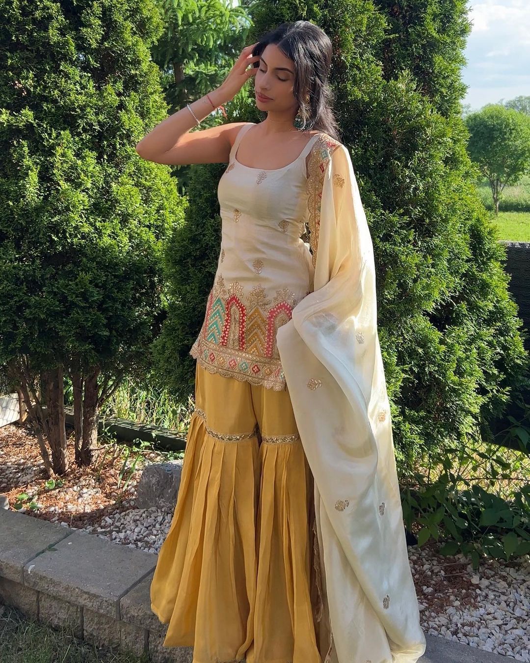 Premium Chinnon Silk Embroidered Sharara Set - Classy Tones