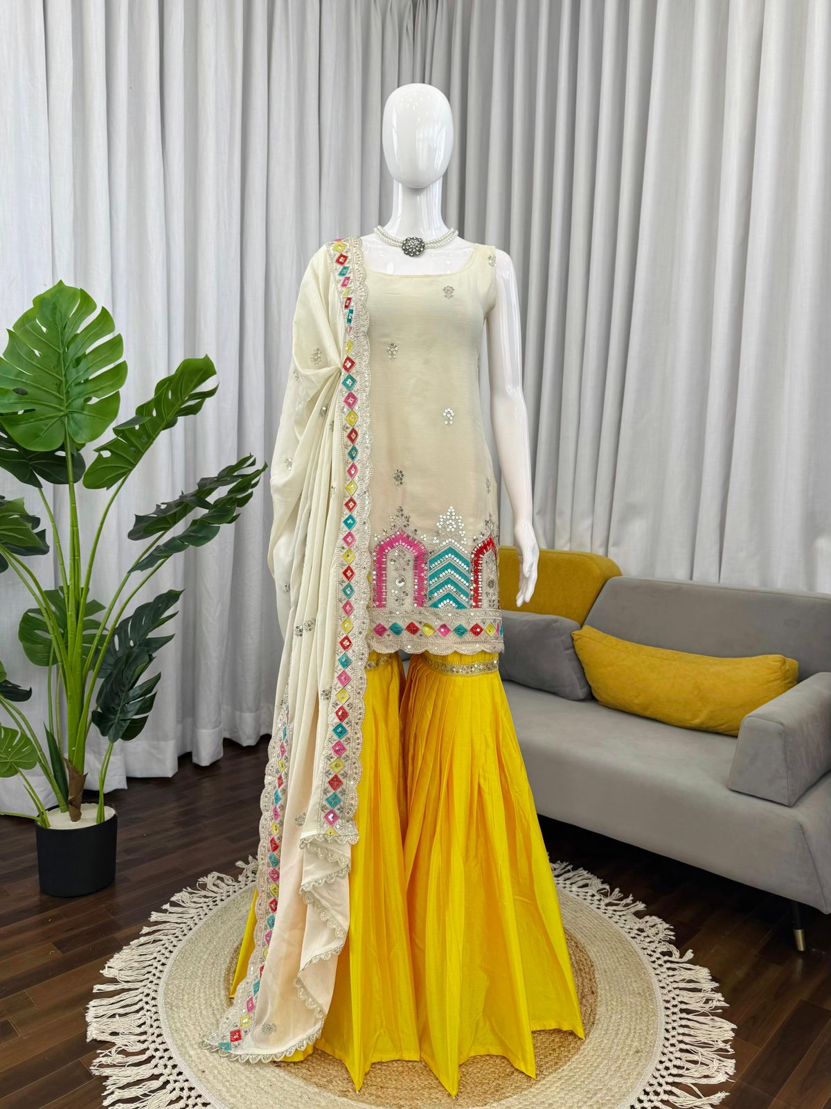 Premium Chinnon Silk Embroidered Sharara Set - Classy Tones