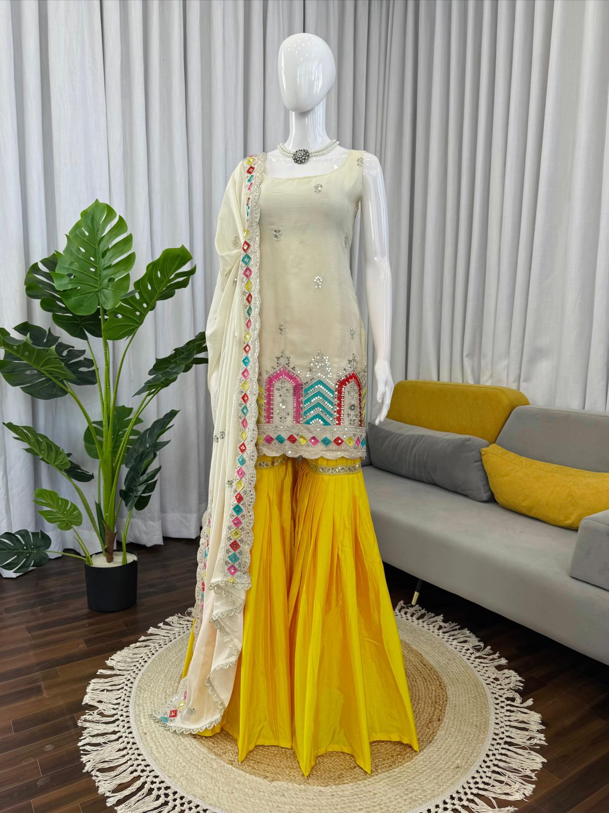 Premium Chinnon Silk Embroidered Sharara Set - Classy Tones