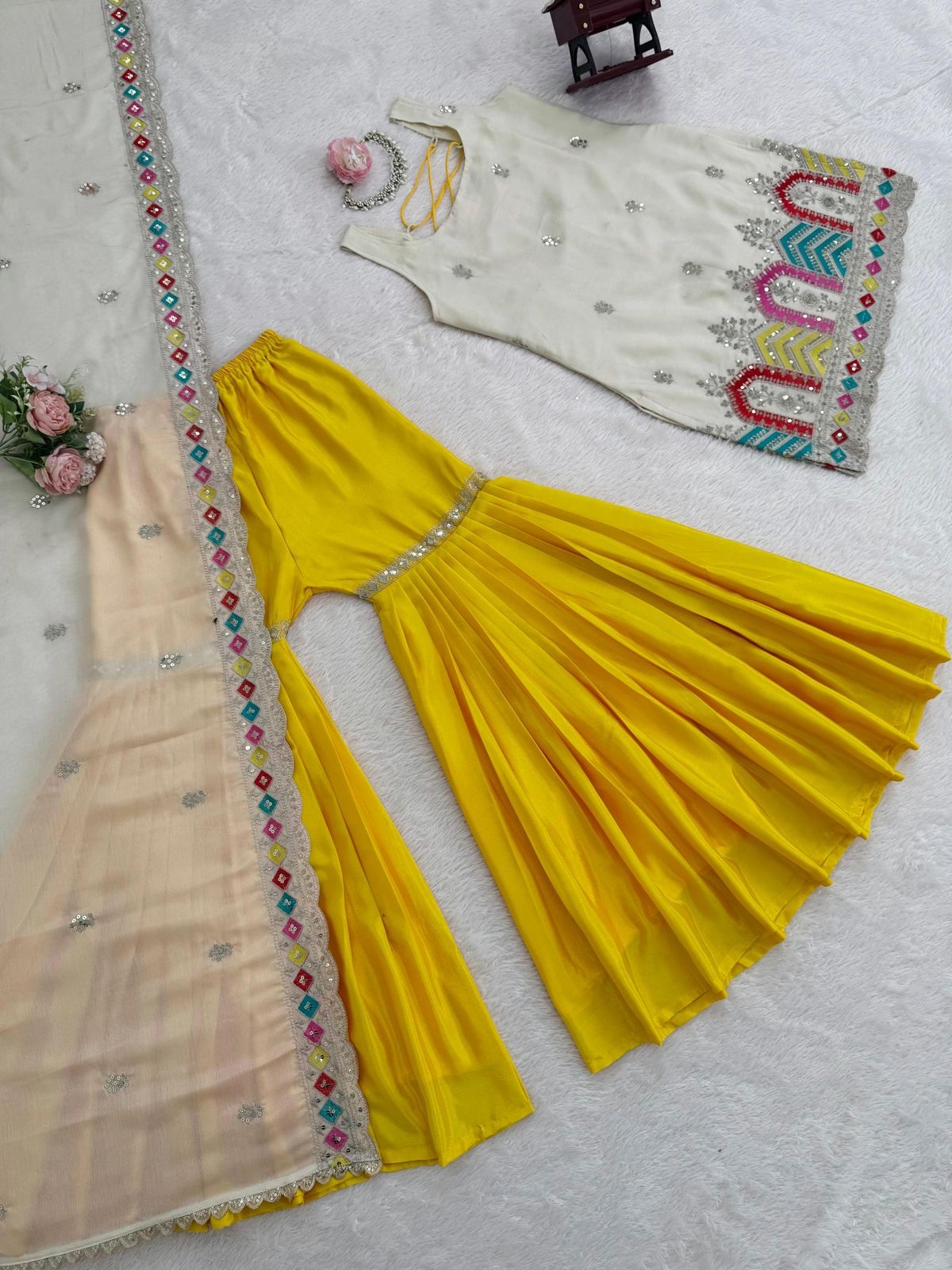 Premium Chinnon Silk Embroidered Sharara Set - Classy Tones