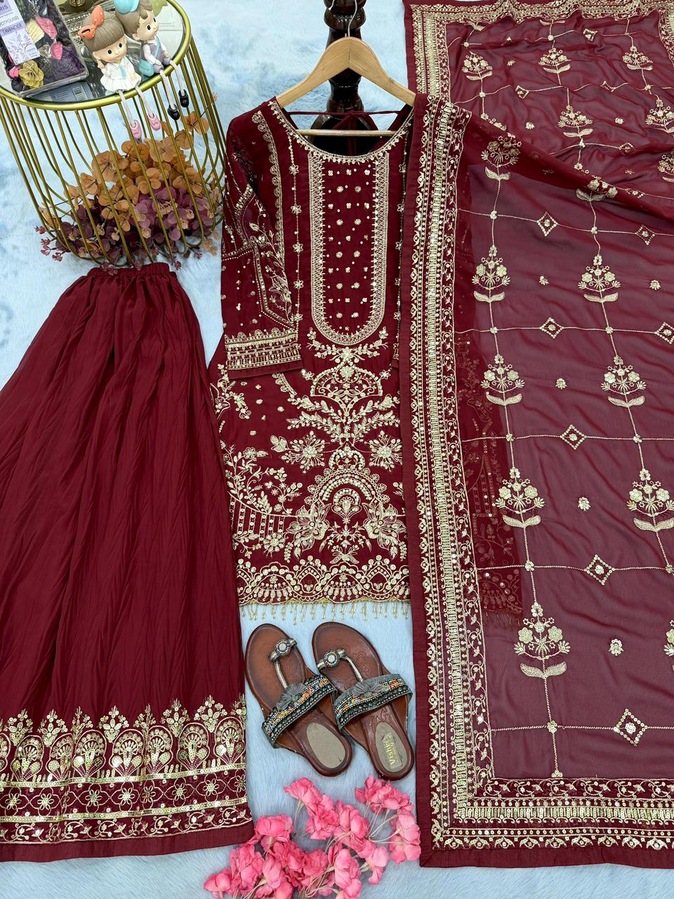 Designer Heavy Faux Georgette Embroidered Top Plazzo & Dupatta Party Wear Set