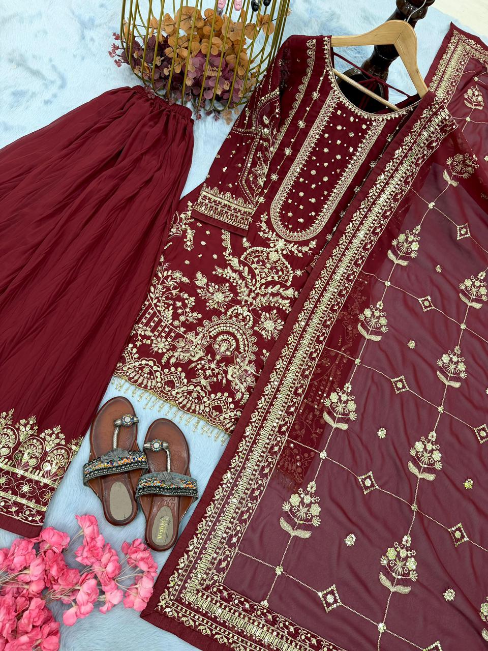 Designer Heavy Faux Georgette Embroidered Top Plazzo & Dupatta Party Wear Set