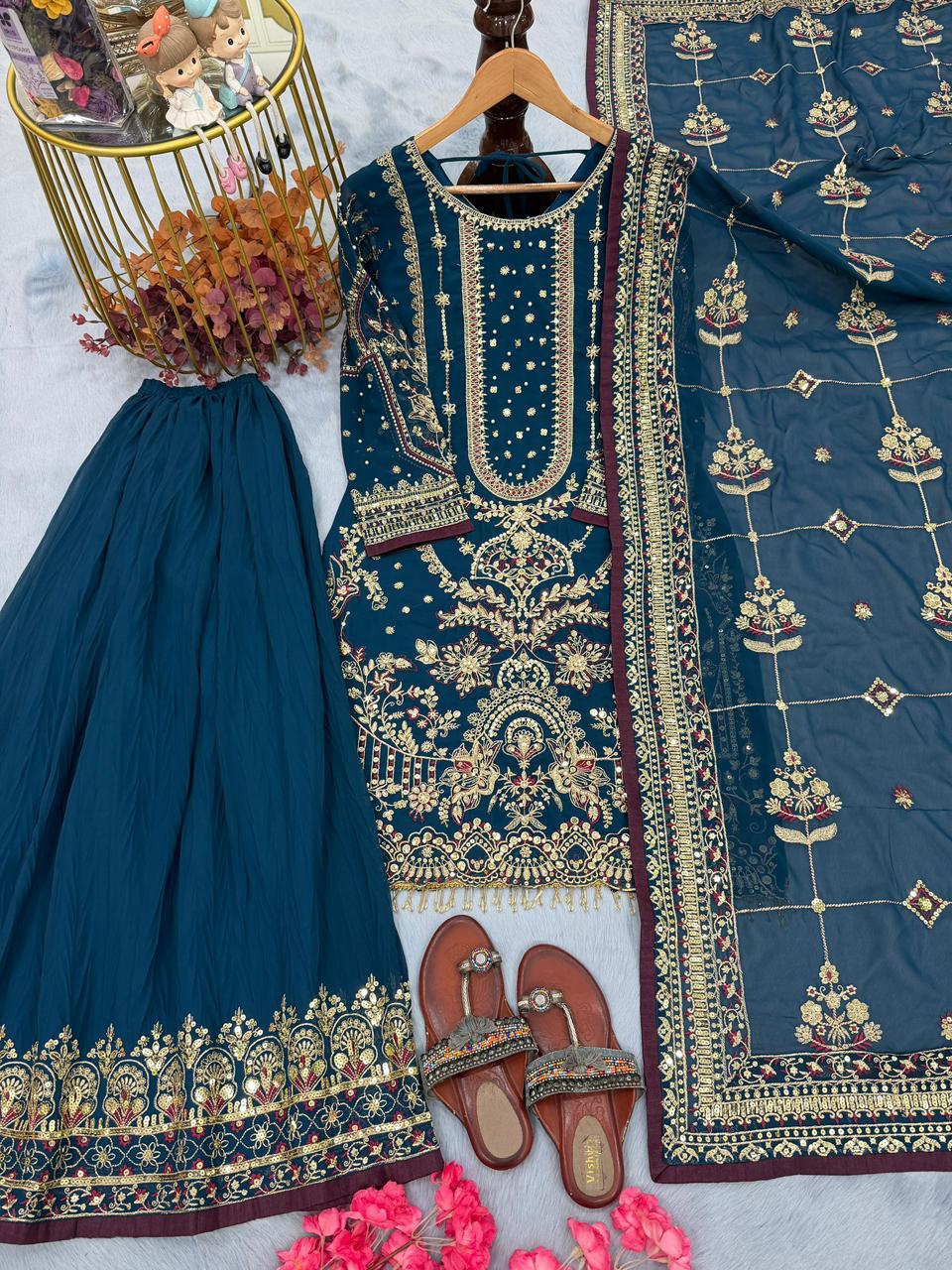 Designer Heavy Faux Georgette Embroidered Top Plazzo & Dupatta Party Wear Set