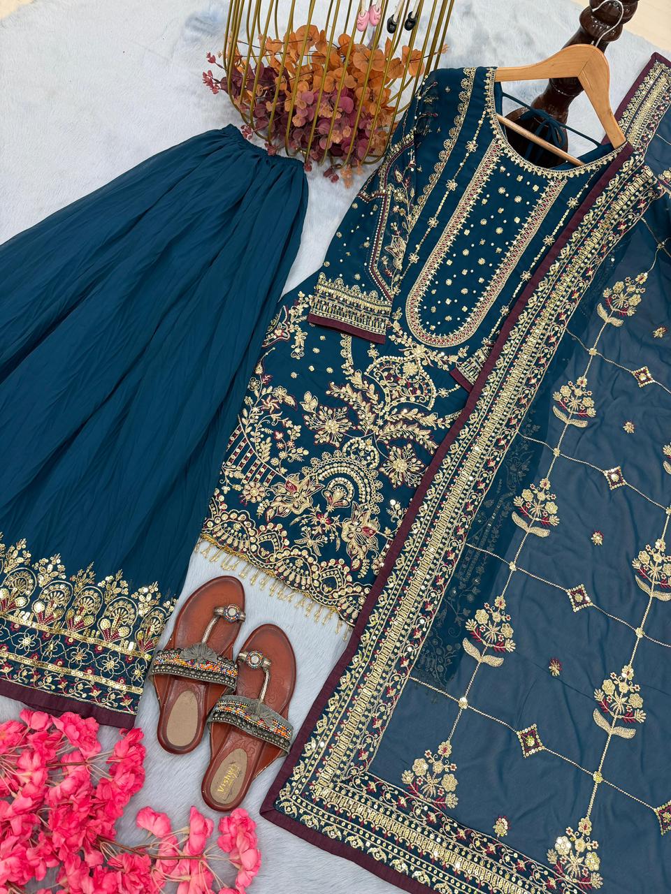 Designer Heavy Faux Georgette Embroidered Top Plazzo & Dupatta Party Wear Set