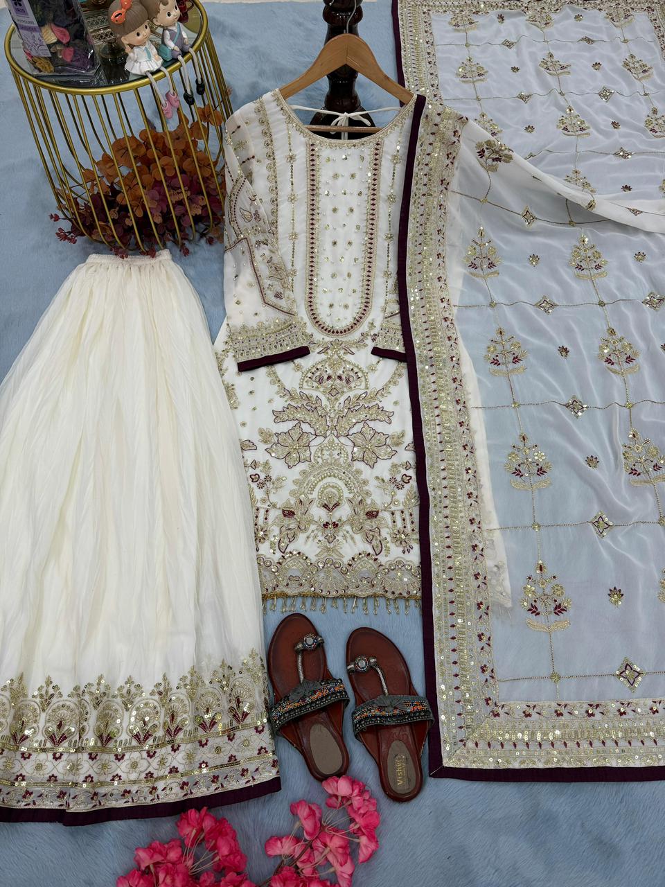 Designer Heavy Faux Georgette Embroidered Top Plazzo & Dupatta Party Wear Set