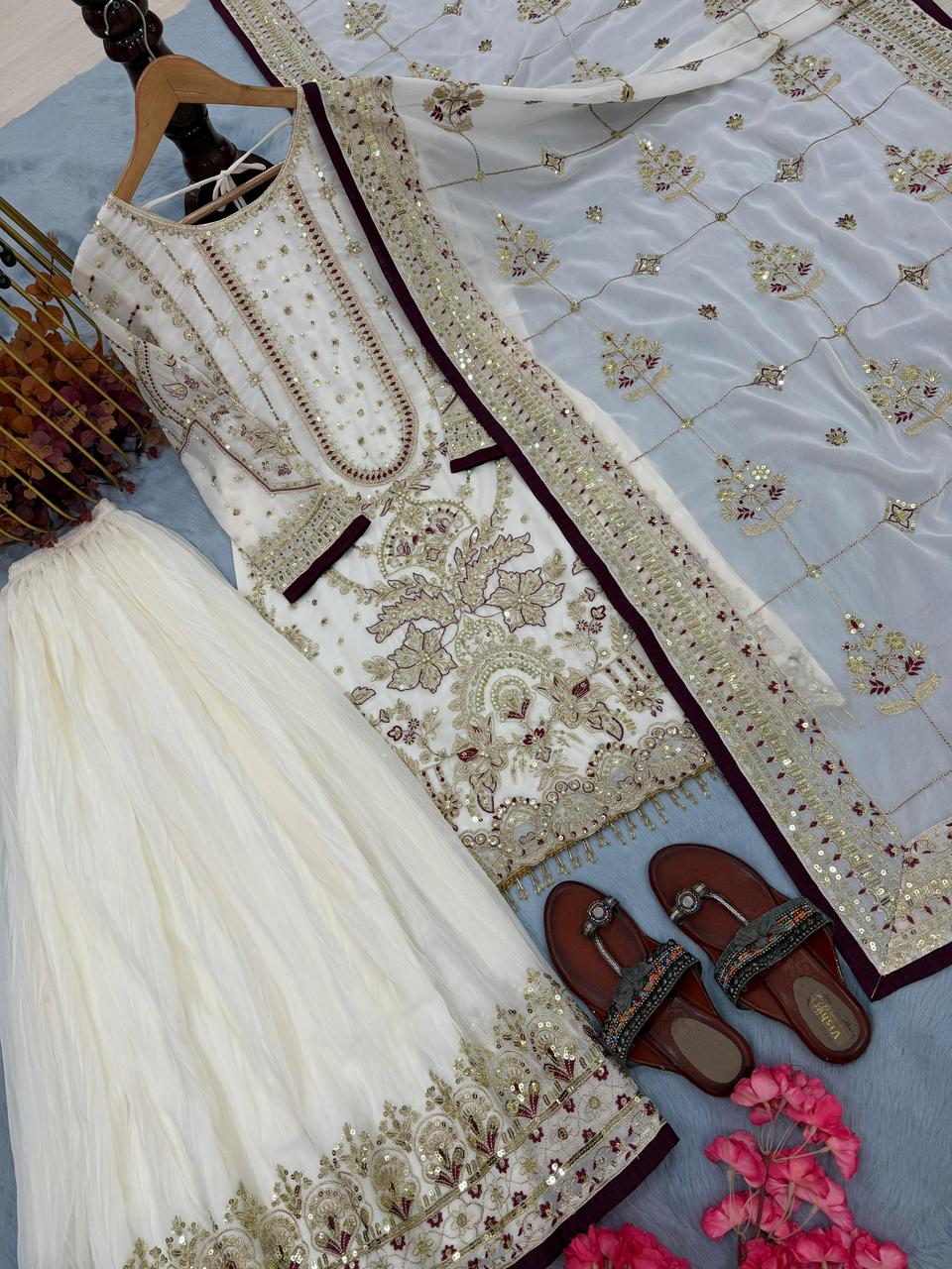 Designer Heavy Faux Georgette Embroidered Top Plazzo & Dupatta Party Wear Set