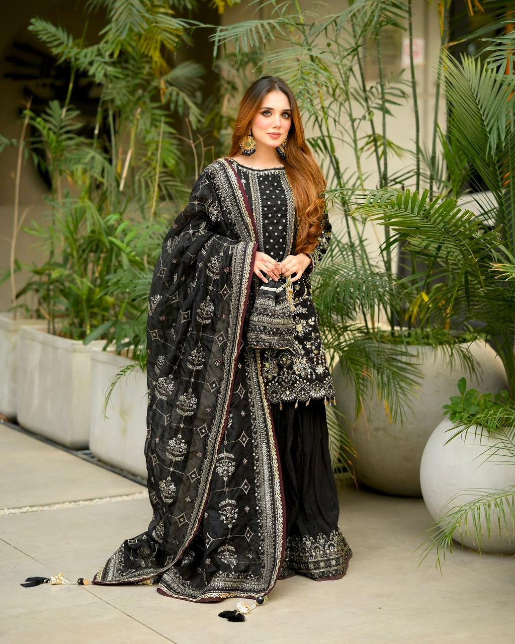 Designer Heavy Faux Georgette Embroidered Top Plazzo & Dupatta Party Wear Set