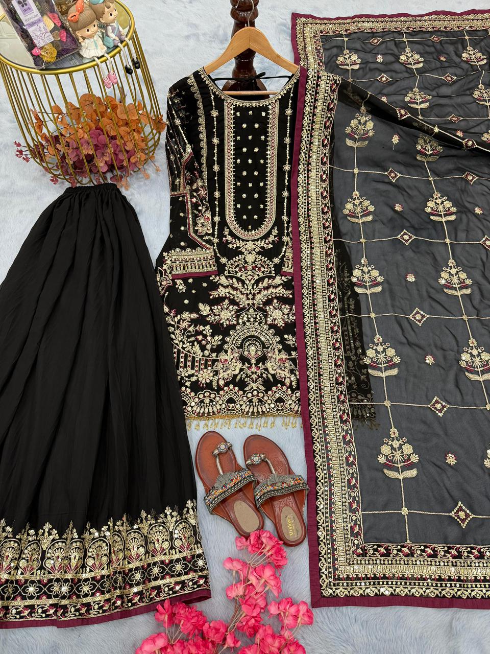 Designer Heavy Faux Georgette Embroidered Top Plazzo & Dupatta Party Wear Set
