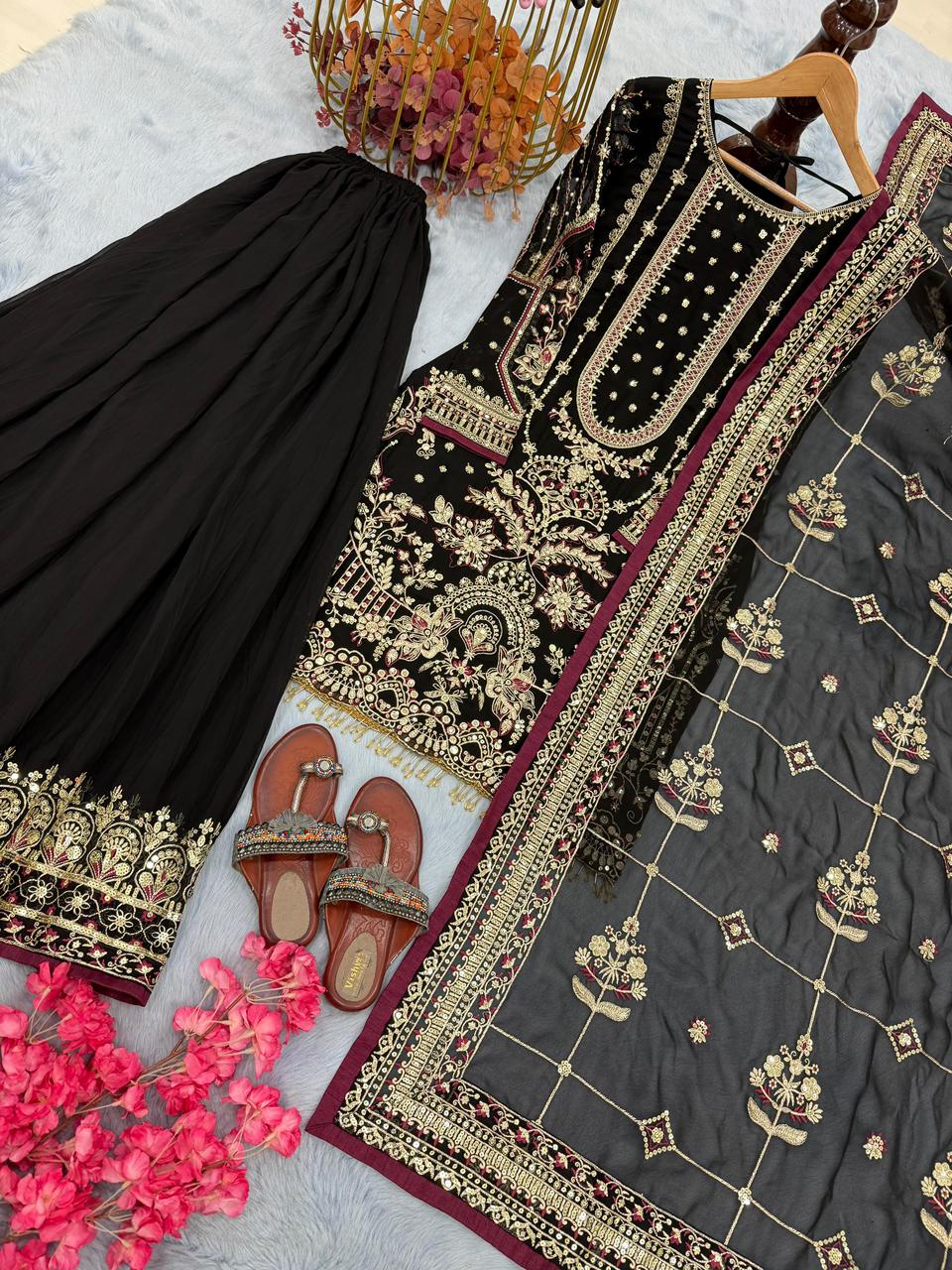 Designer Heavy Faux Georgette Embroidered Top Plazzo & Dupatta Party Wear Set