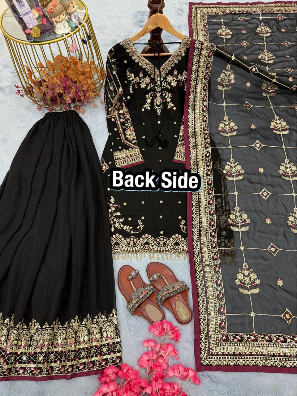 Designer Heavy Faux Georgette Embroidered Top Plazzo & Dupatta Party Wear Set