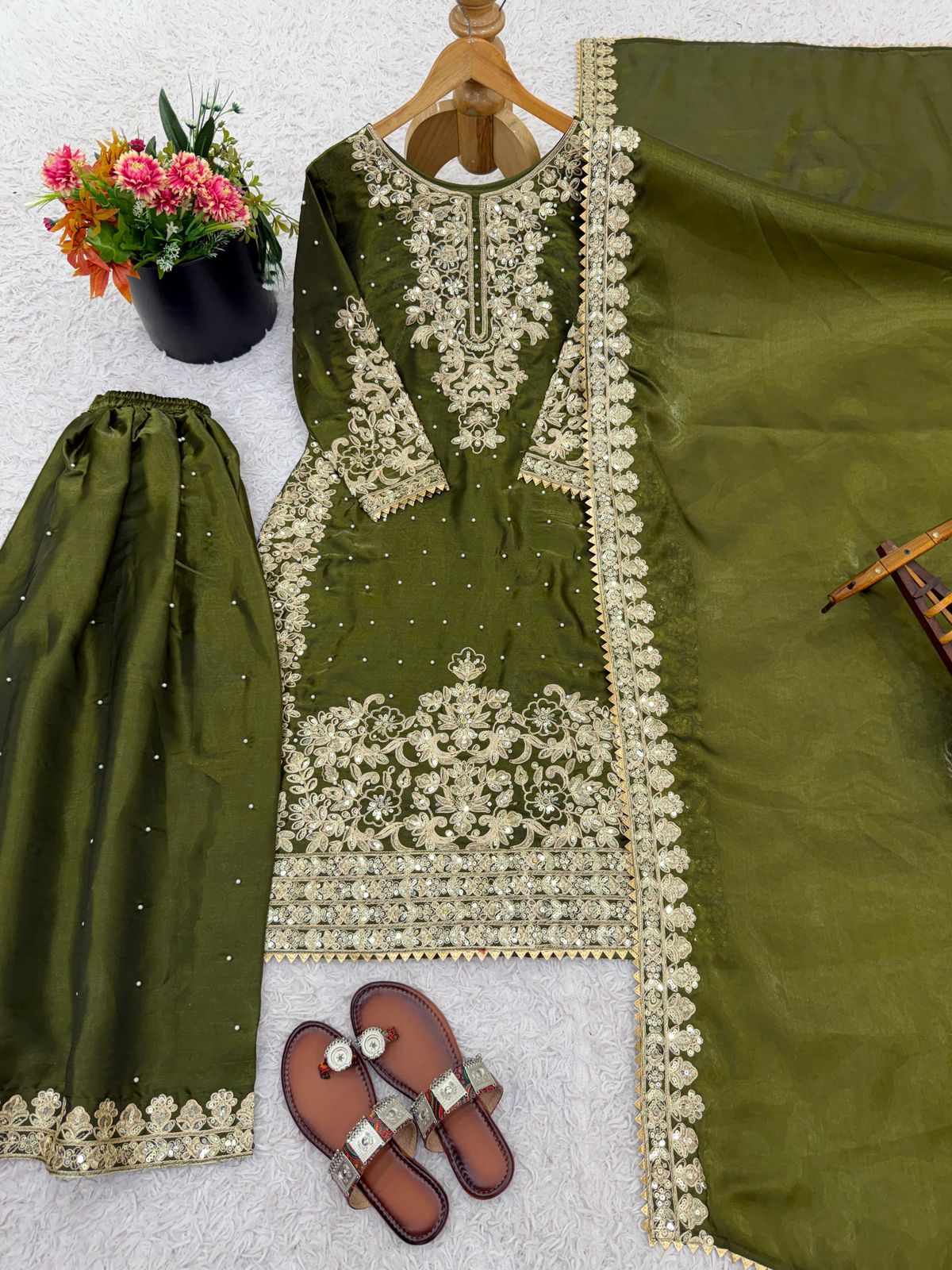 Designer Pure GMY Silk Heavy Embroidered Top Bottom & Dupatta Set