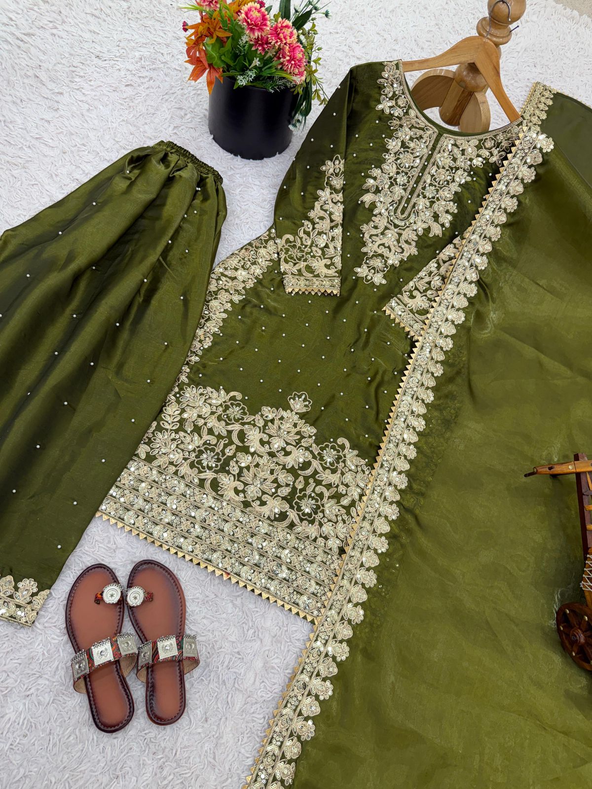 Designer Pure GMY Silk Heavy Embroidered Top Bottom & Dupatta Set