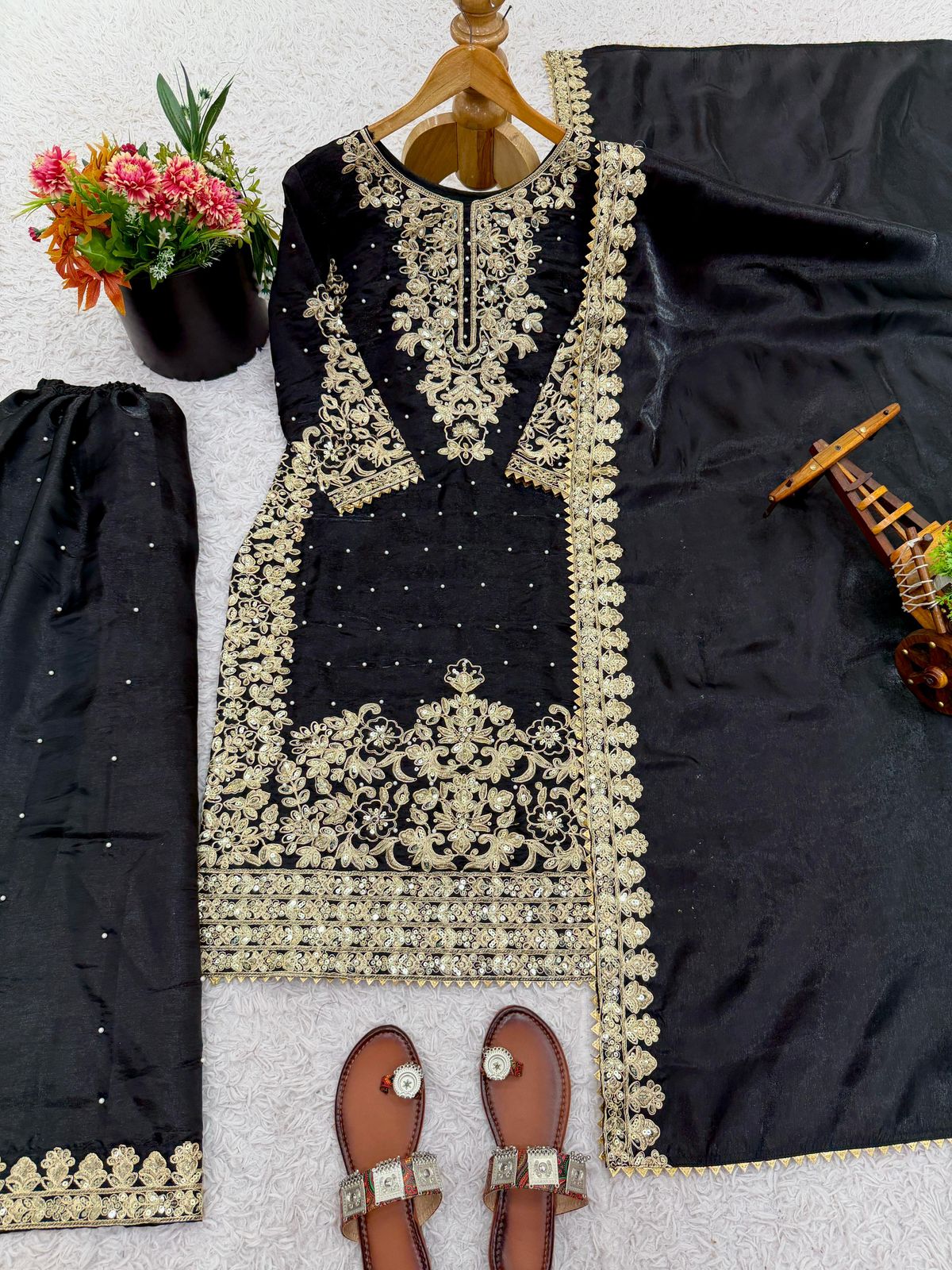 Designer Pure GMY Silk Heavy Embroidered Top Bottom & Dupatta Set