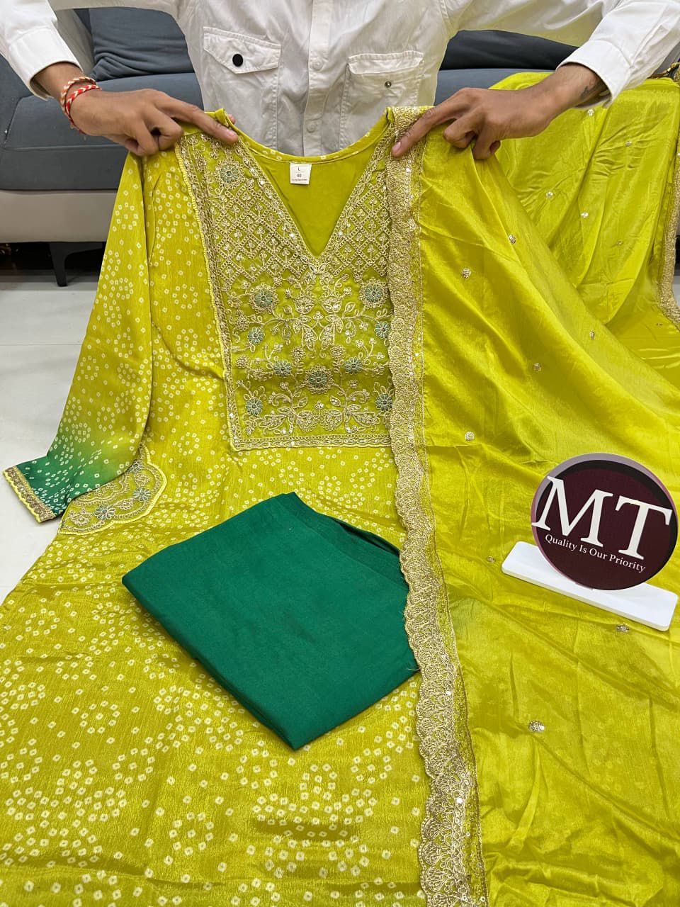 Pure Russian Silk Banarasi Embroidered Kurti Pant Dupatta Set