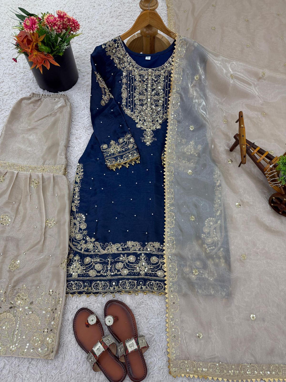 Designer Pure Heavy GMY Silk Embroidered Top Plazzo & Dupatta Set