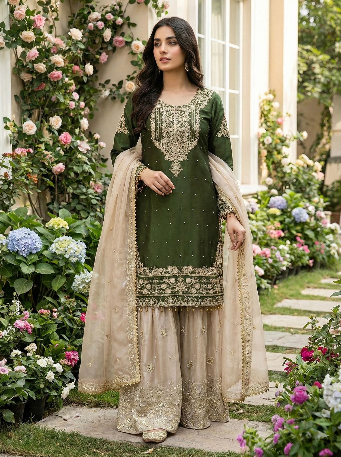 Designer Pure Heavy GMY Silk Embroidered Top Plazzo & Dupatta Set