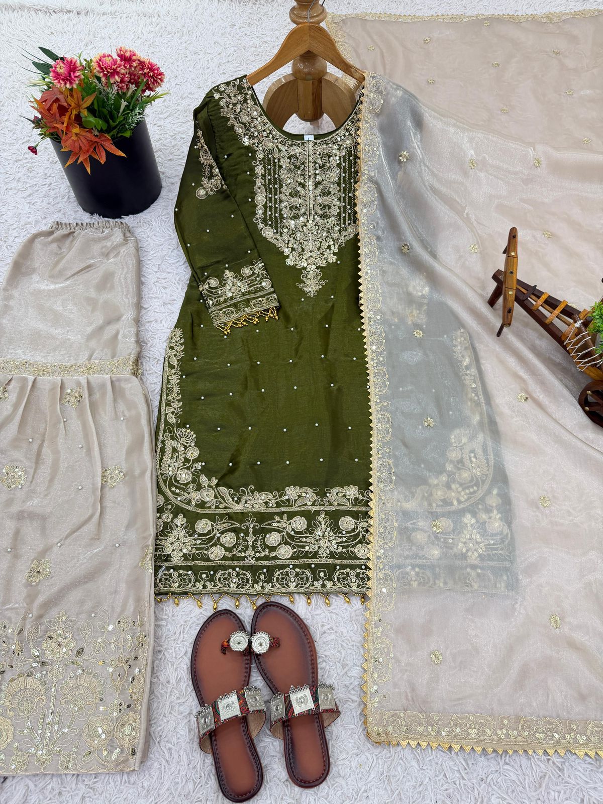 Designer Pure Heavy GMY Silk Embroidered Top Plazzo & Dupatta Set
