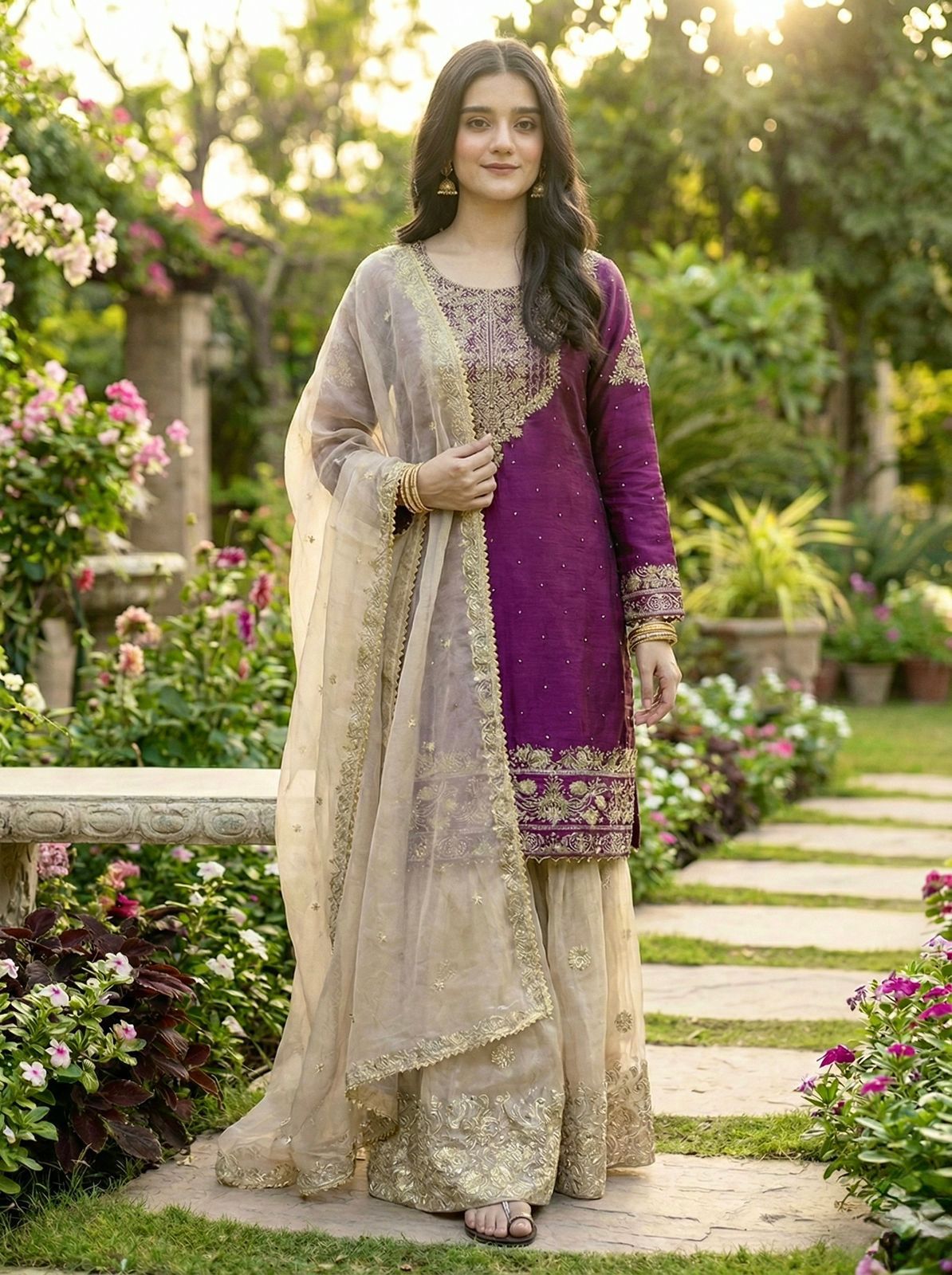 Designer Pure Heavy GMY Silk Embroidered Top Plazzo & Dupatta Set