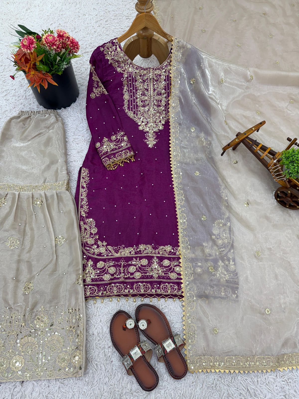 Designer Pure Heavy GMY Silk Embroidered Top Plazzo & Dupatta Set