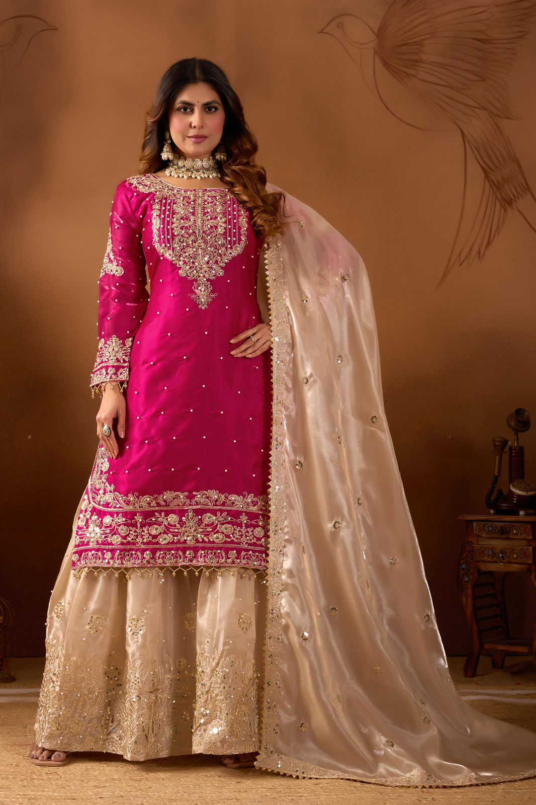 Designer Pure Heavy GMY Silk Embroidered Top Plazzo & Dupatta Set