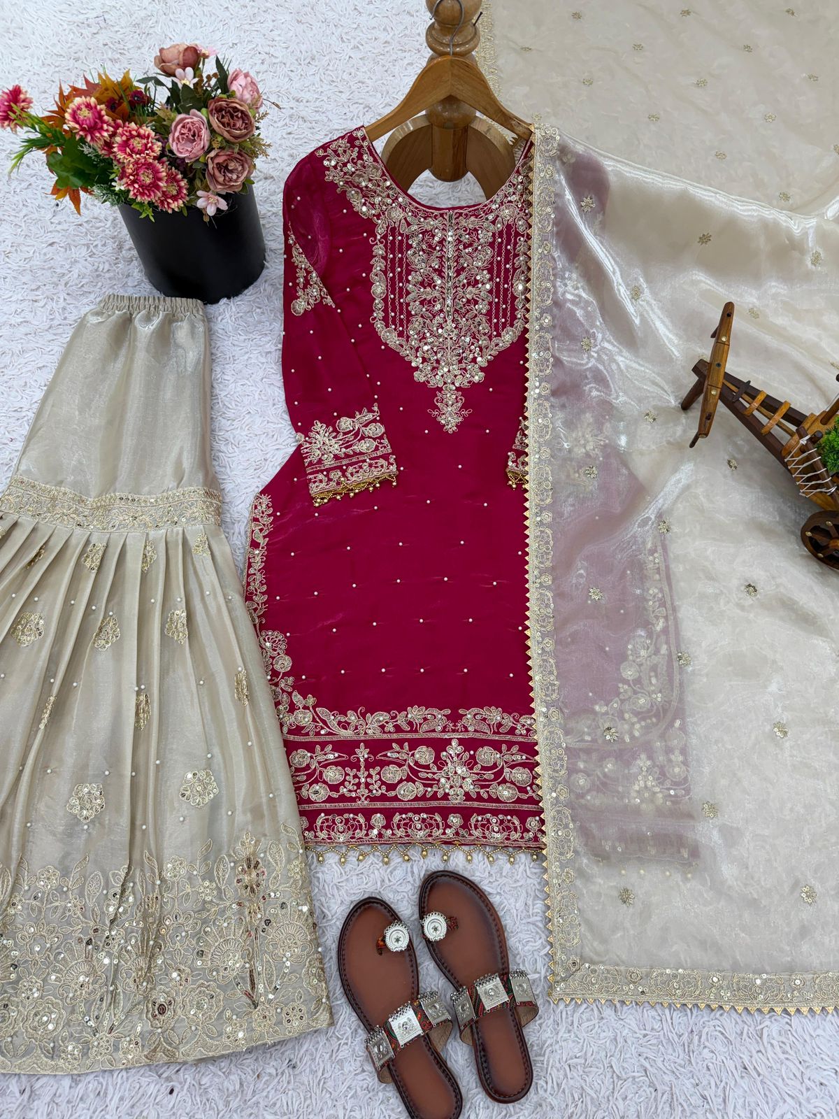 Designer Pure Heavy GMY Silk Embroidered Top Plazzo & Dupatta Set