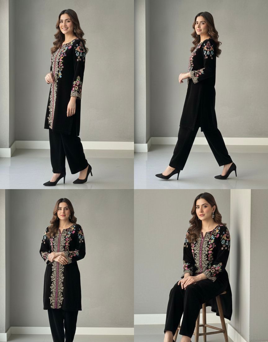 Velvet Designer Embroidered Co-ord Set for Winter