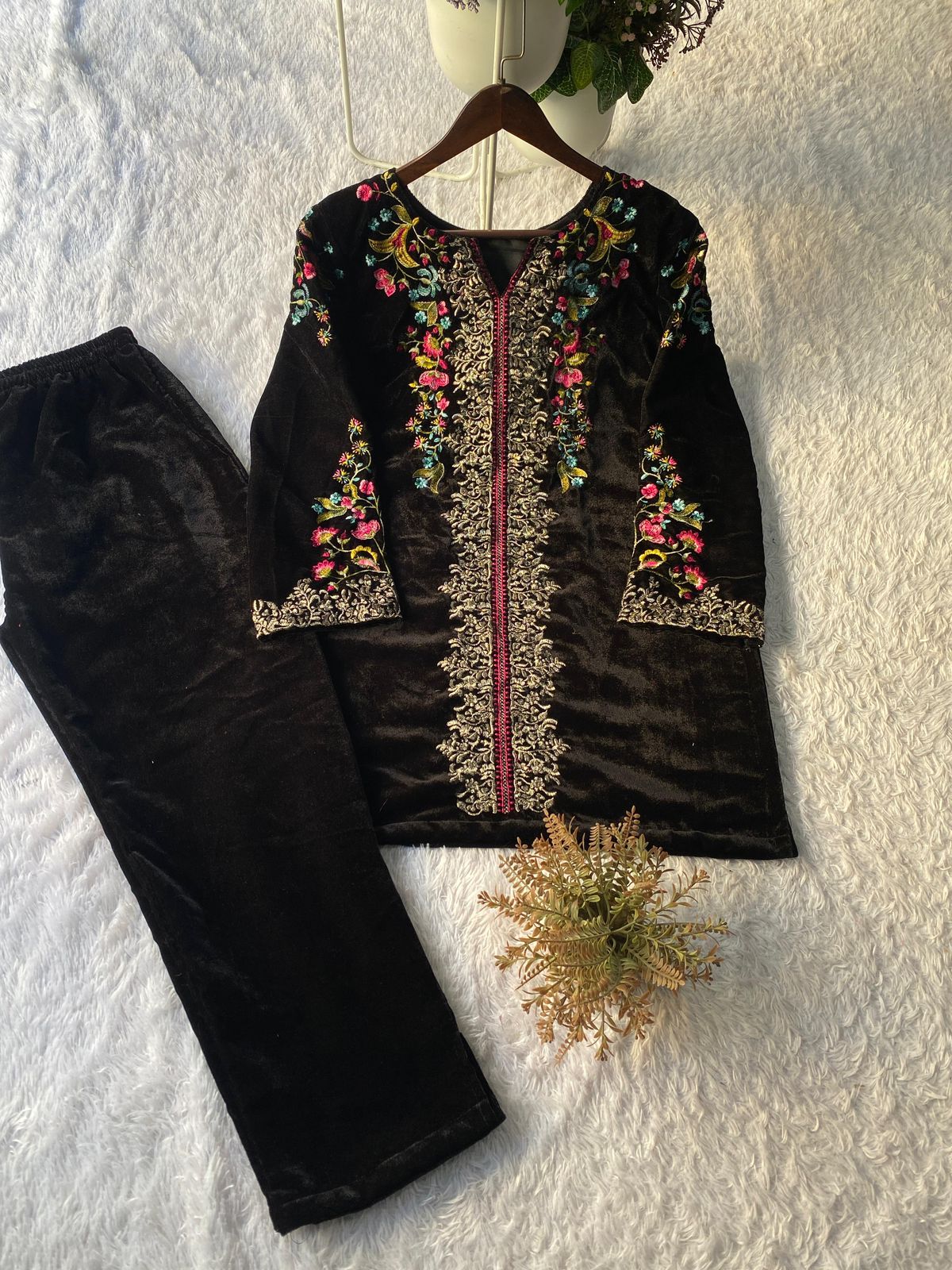 Velvet Designer Embroidered Co-ord Set for Winter