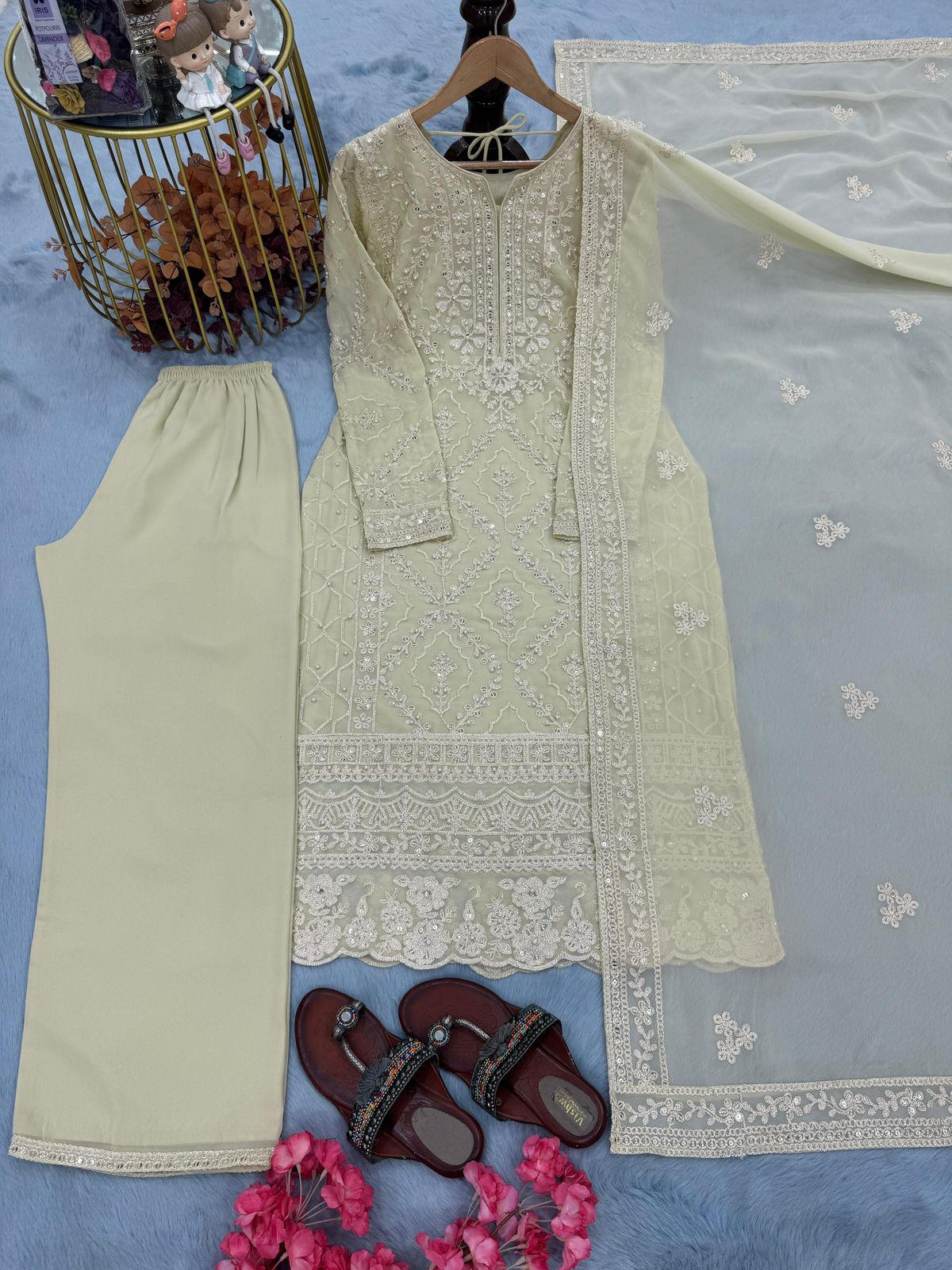 Designer Heavy Faux Georgette Embroidered Top Plazzo & Dupatta Set