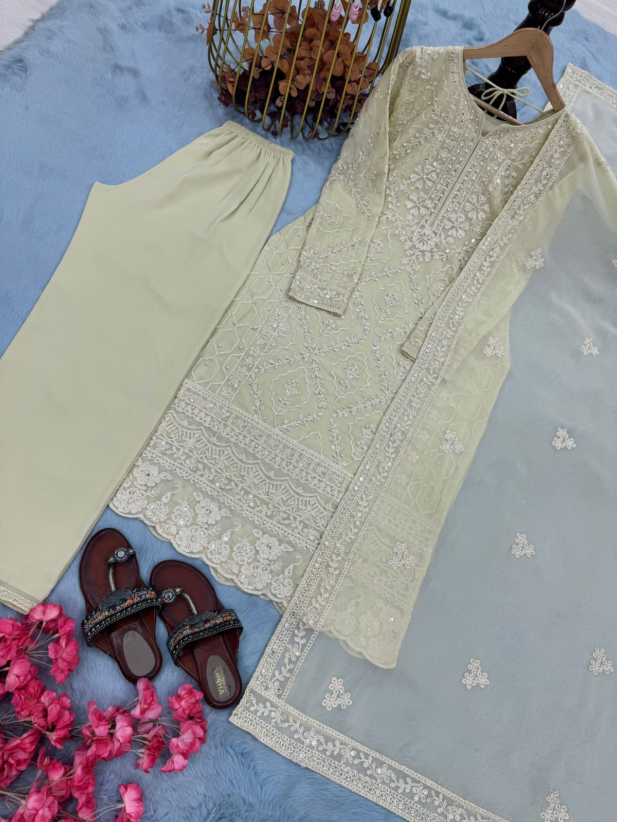Designer Heavy Faux Georgette Embroidered Top Plazzo & Dupatta Set