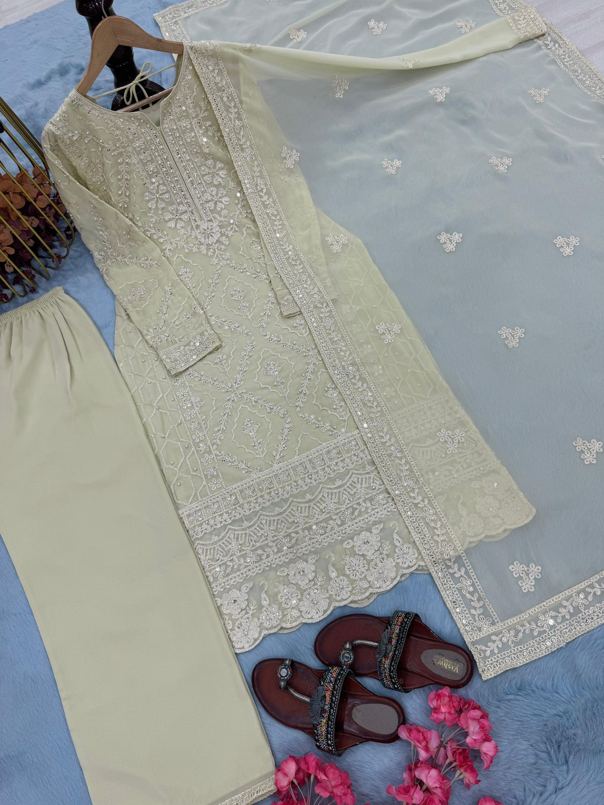 Designer Heavy Faux Georgette Embroidered Top Plazzo & Dupatta Set