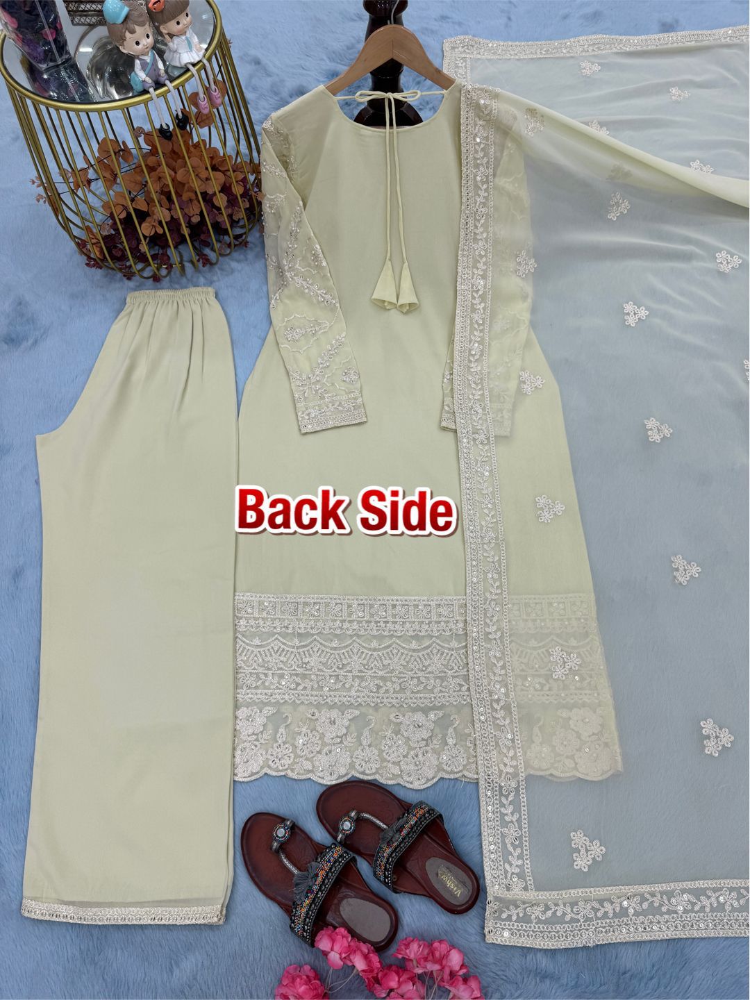Designer Heavy Faux Georgette Embroidered Top Plazzo & Dupatta Set