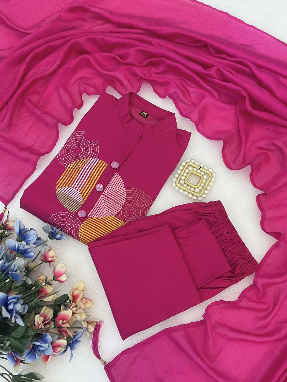 Embroidered Heavy Roman Fabric Suit Set with Chanderi Silk Dupatta