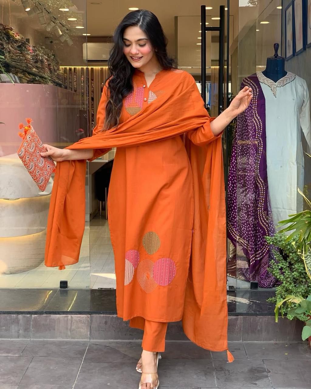 Embroidered Heavy Roman Fabric Suit Set with Chanderi Silk Dupatta