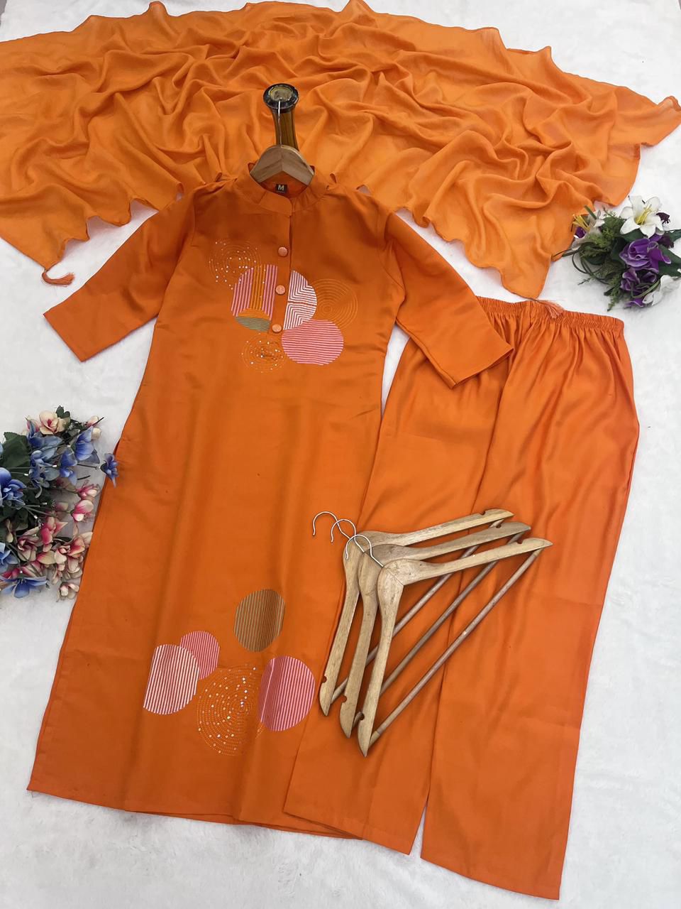 Embroidered Heavy Roman Fabric Suit Set with Chanderi Silk Dupatta