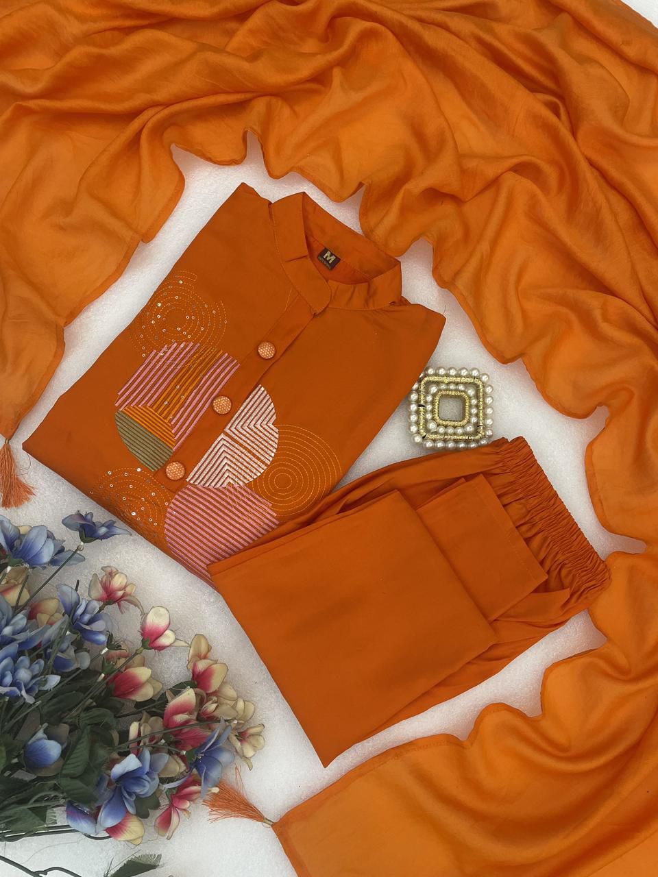 Embroidered Heavy Roman Fabric Suit Set with Chanderi Silk Dupatta