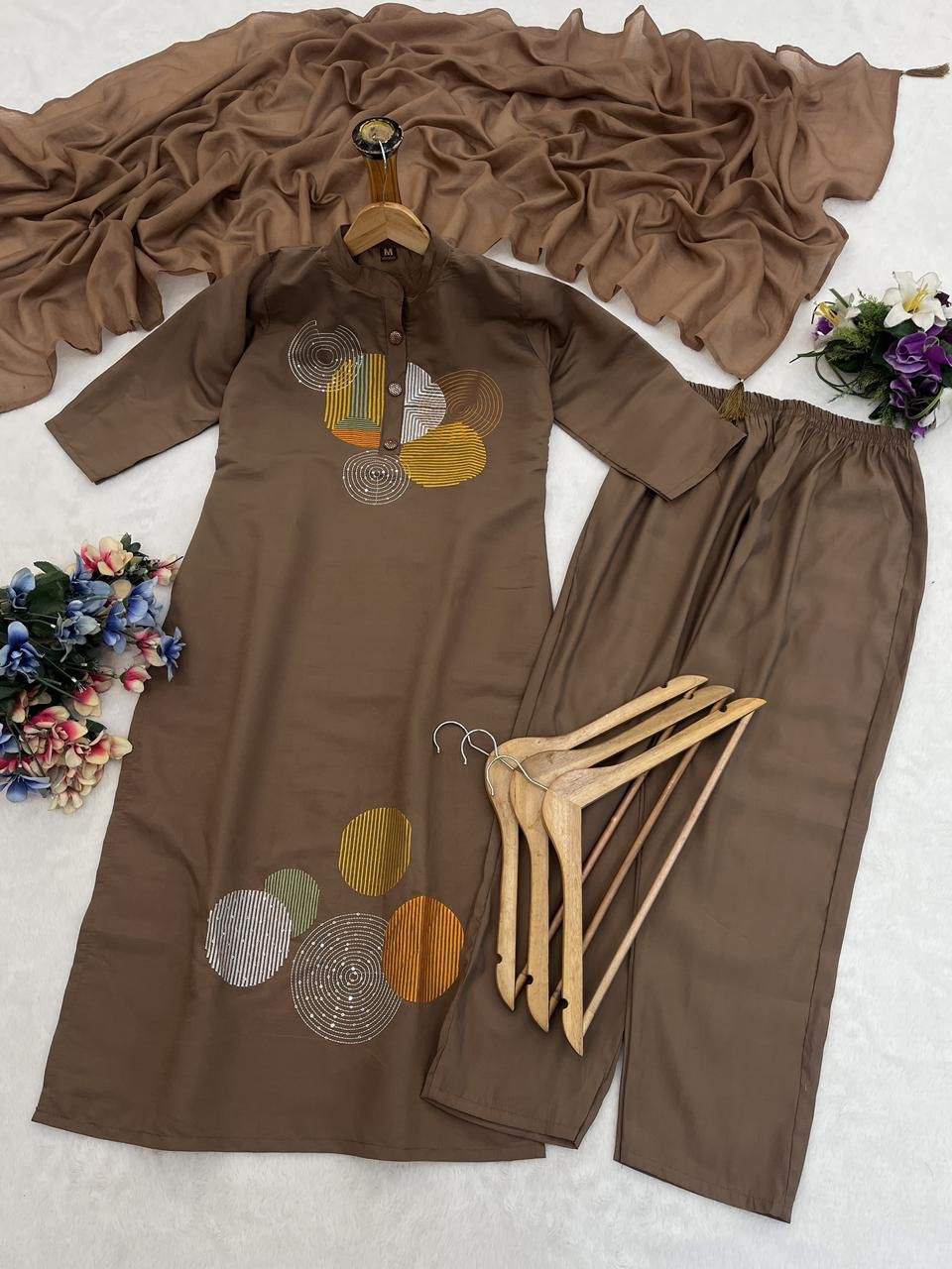 Embroidered Heavy Roman Fabric Suit Set with Chanderi Silk Dupatta